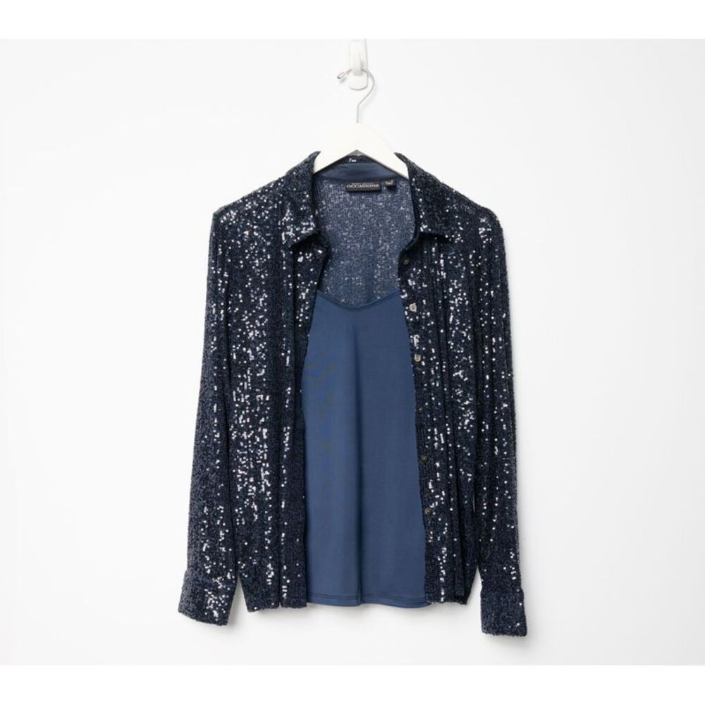 Susan Graver Women's Top Sz L Make Your Selection: Occasions Sequin Blue